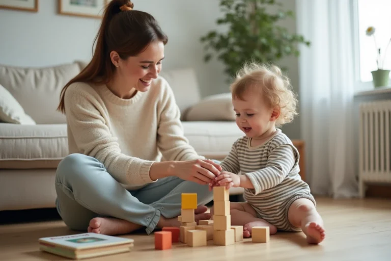 Mère et enfant en bas âge jouant ensemble avec des cubes en bois colorés sur un parquet en chêne dans un salon scandinave