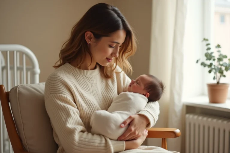 Jeune mère tenant tendrement son nouveau-né emmailloté dans une couverture en mousseline dans une chambre de bébé apaisante