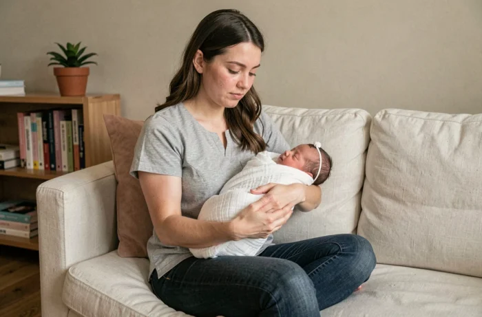 Jeune mère tenant son nouveau-né emmailloté dans un salon chaleureux et minimaliste, conseils pour nouveaux parents