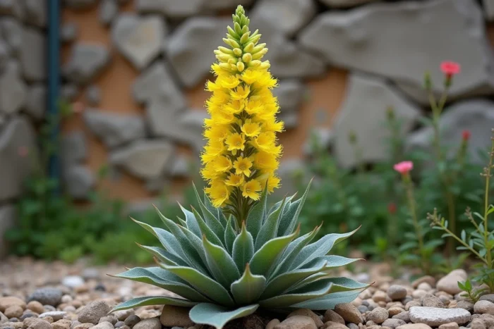 Molène (Verbascum) avec son imposant épi de fleurs jaunes et sa rosette de feuilles laineuses sur un sol pauvre et pierreux