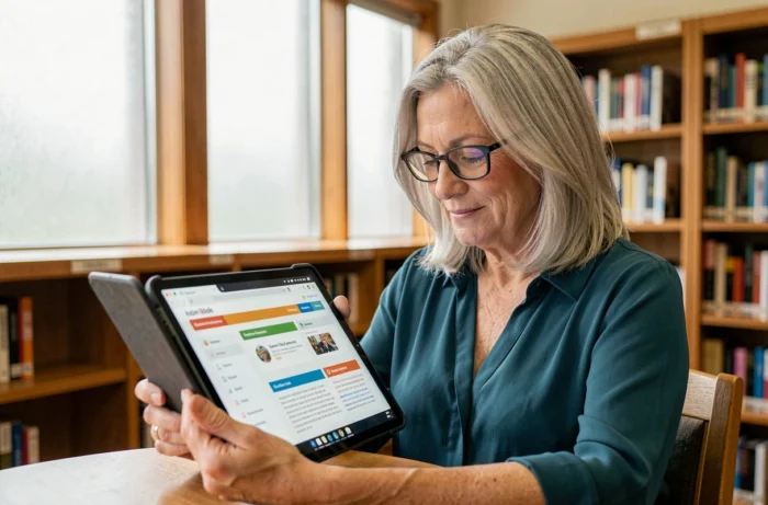 Femme âgée utilisant une tablette pour naviguer facilement sur un site web structuré en bibliothèque