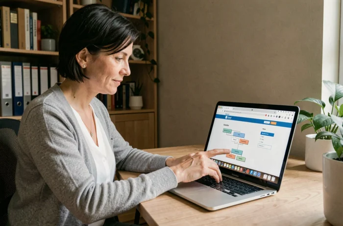 Femme naviguant sur le site Espace Renaitre depuis un bureau à domicile organisé