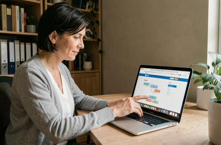 Femme naviguant sur le site Espace Renaitre depuis un bureau à domicile organisé