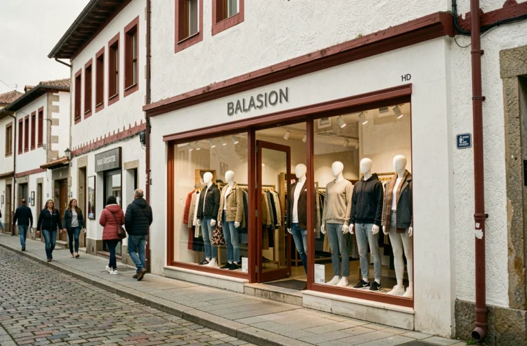 Façade du nouveau magasin de vêtements à Dancharia avec vitrines et mannequins habillés en tenues contemporaines