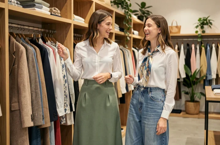 Deux femmes découvrant les nouvelles collections mode printemps 2024 dans un concept store tendance