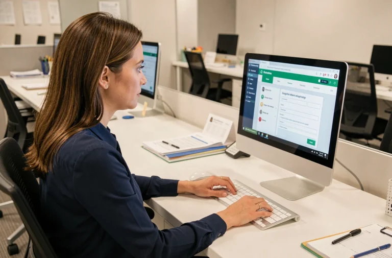 Nouvelle recrue ADMR apprenant le logiciel Philia sur un ordinateur de bureau dans un bureau professionnel