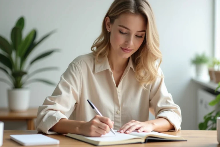 Femme organisant ses tâches quotidiennes dans un agenda papier à son bureau à domicile