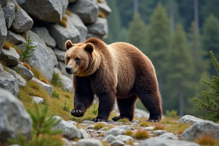 Ours brun européen marchant dans un paysage rocheux et boisé des montagnes Carpates en Roumanie, illustrant sa morphologie plus compacte