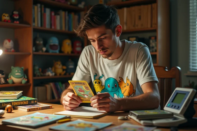 Jeune homme passionné examinant des cartes Pokémon dont les noms commencent par T, entouré de figurines et encyclopédies
