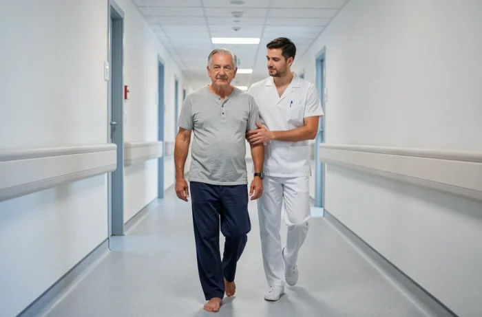 Patient âgé en rééducation marchant dans un couloir d'hôpital accompagné d'un kinésithérapeute avant son retour à domicile Prado