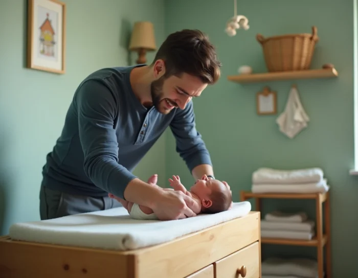 Père changeant la couche de son nouveau-né dans une chambre de bébé bien organisée, accompagnement des nouveaux parents au quotidien