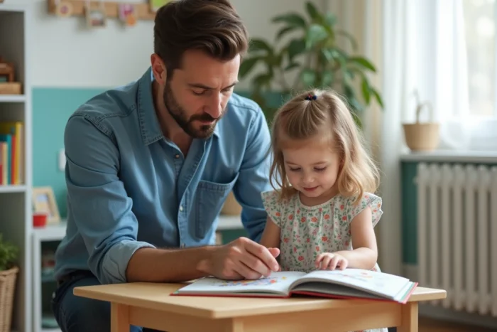 Père lisant un livre illustré avec sa fille de 4 ans dans un coin lecture aménagé pour les enfants à la maison