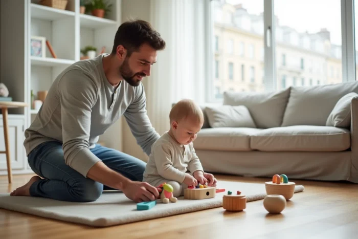 Père accompagnant son bébé de huit mois lors d'une séance de jeux éducatifs sur un tapis de sol dans un salon familial