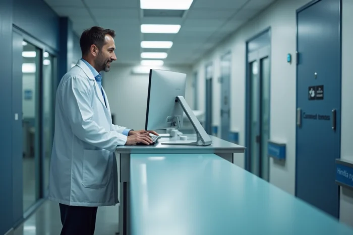 Personnel médical masculin du CHU de Toulouse accédant au portail Chronos depuis un terminal hospitalier