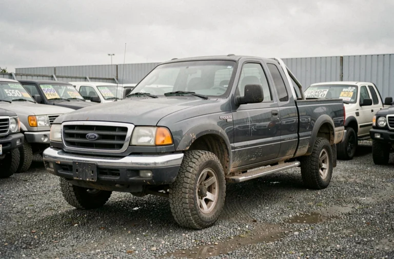 Pick-up 4x4 d'occasion exposé dans un parking de concessionnaire avec étiquette de prix sur le pare-brise