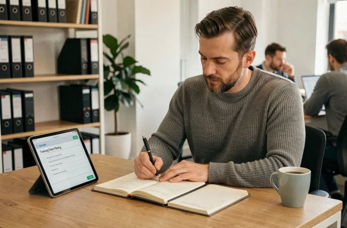 Homme préparant seul une formation locale en prenant des notes dans un agenda et consultant une checklist sur tablette