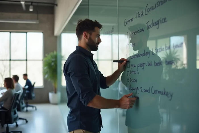 Homme planifiant ses tâches professionnelles sur un tableau blanc dans un bureau moderne en open space
