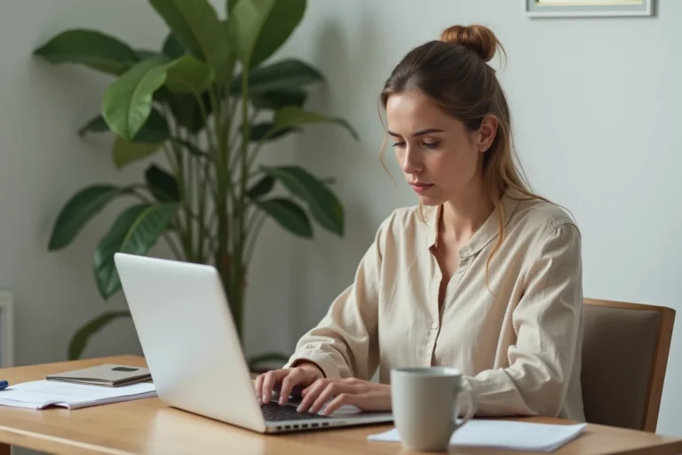 Femme connectant son compte MyFoncia pour la première fois sur un ordinateur portable dans un bureau à domicile