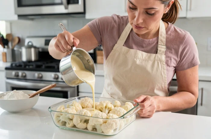 Femme versant de la sauce béchamel sur des fleurettes de chou-fleur cru dans un plat à gratin avant congélation