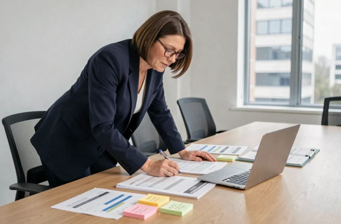 Formatrice préparant l'organisation d'une formation locale autour d'une table de réunion avec des documents et un ordinateur portable