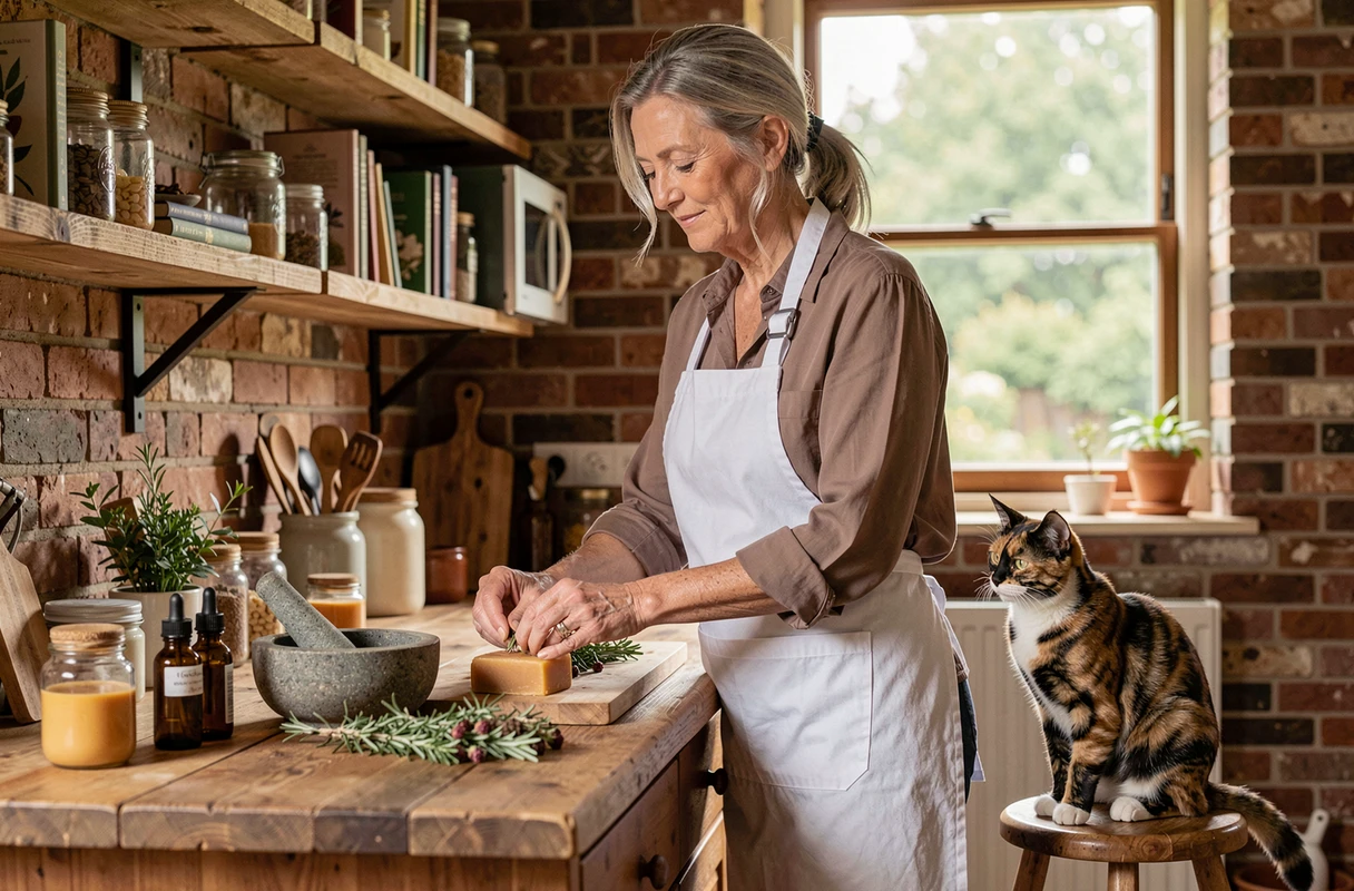 Femme préparant des remèdes naturels à base de plantes dans une cuisine rustique, avec un chat tortoiseshell observant sur un tabouret en bois
