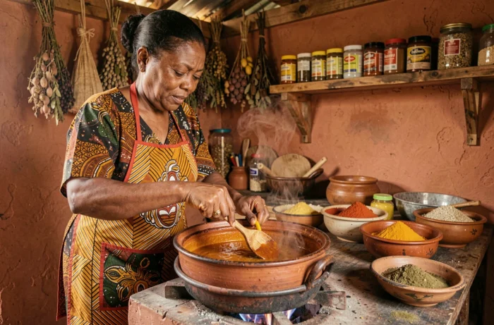 Femme africaine préparant la sauce Yopie traditionnelle dans une cuisine authentique avec épices et herbes aromatiques