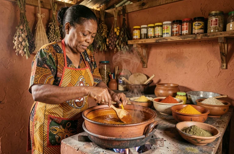 Femme africaine préparant la sauce Yopie traditionnelle dans une cuisine authentique avec épices et herbes aromatiques