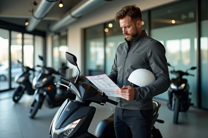Journaliste moto examinant la fiche de prix du Yamaha TMAX 750 2026 dans un showroom de concessionnaire moderne