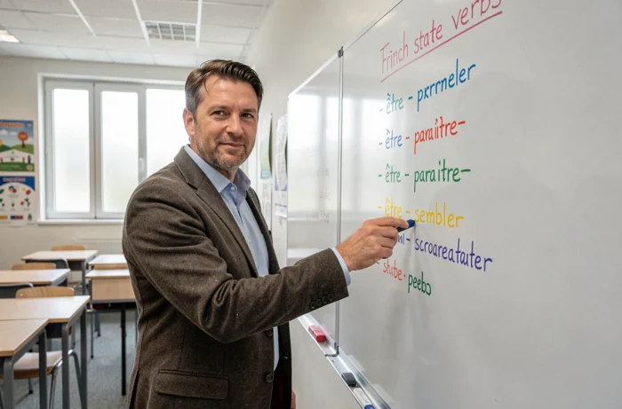 Professeur de français debout devant un tableau blanc écrivant une liste de verbes d'état comme être, paraître et sembler dans une salle de classe moderne