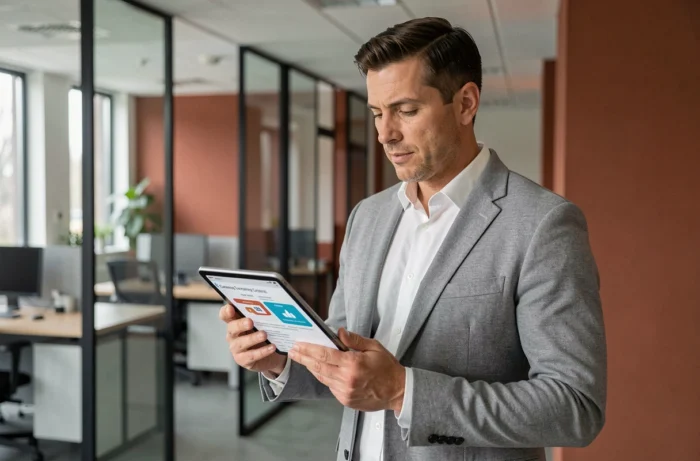 Homme professionnel analysant une comparaison de services en ligne sur tablette dans un espace de coworking moderne