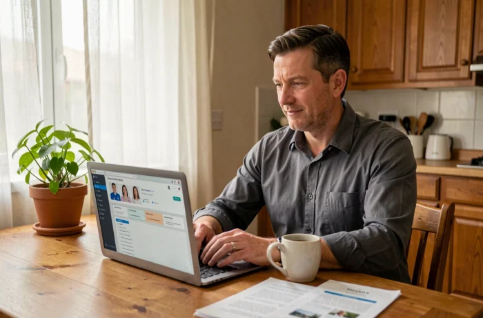 Professionnel de santé consultant son espace personnel Netsoins depuis un ordinateur portable à domicile