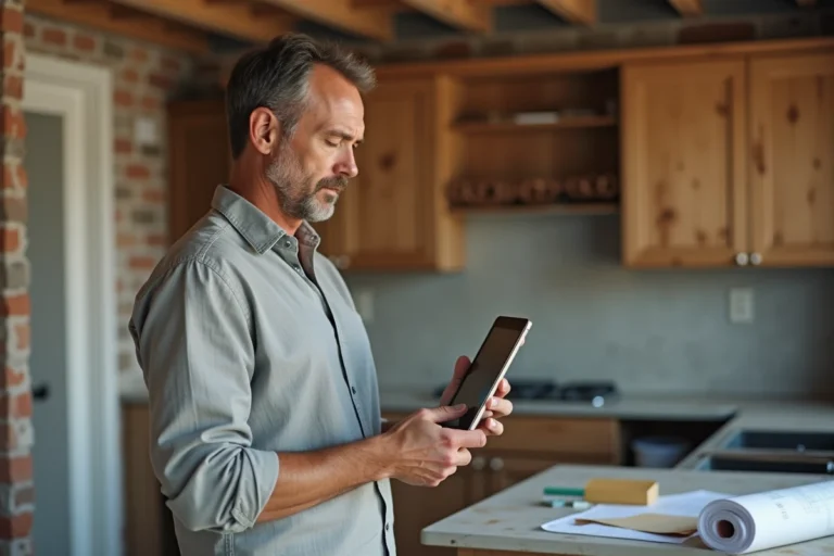 Propriétaire masculin consultant une application de devis travaux sur tablette dans une cuisine en rénovation