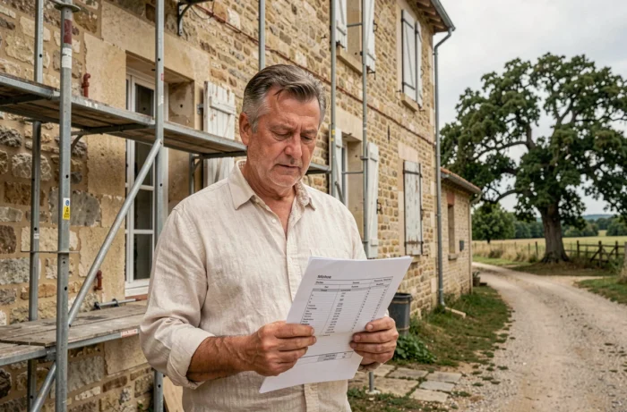 Propriétaire consultant un devis devant une maison en pierre en cours de rénovation dans un village français