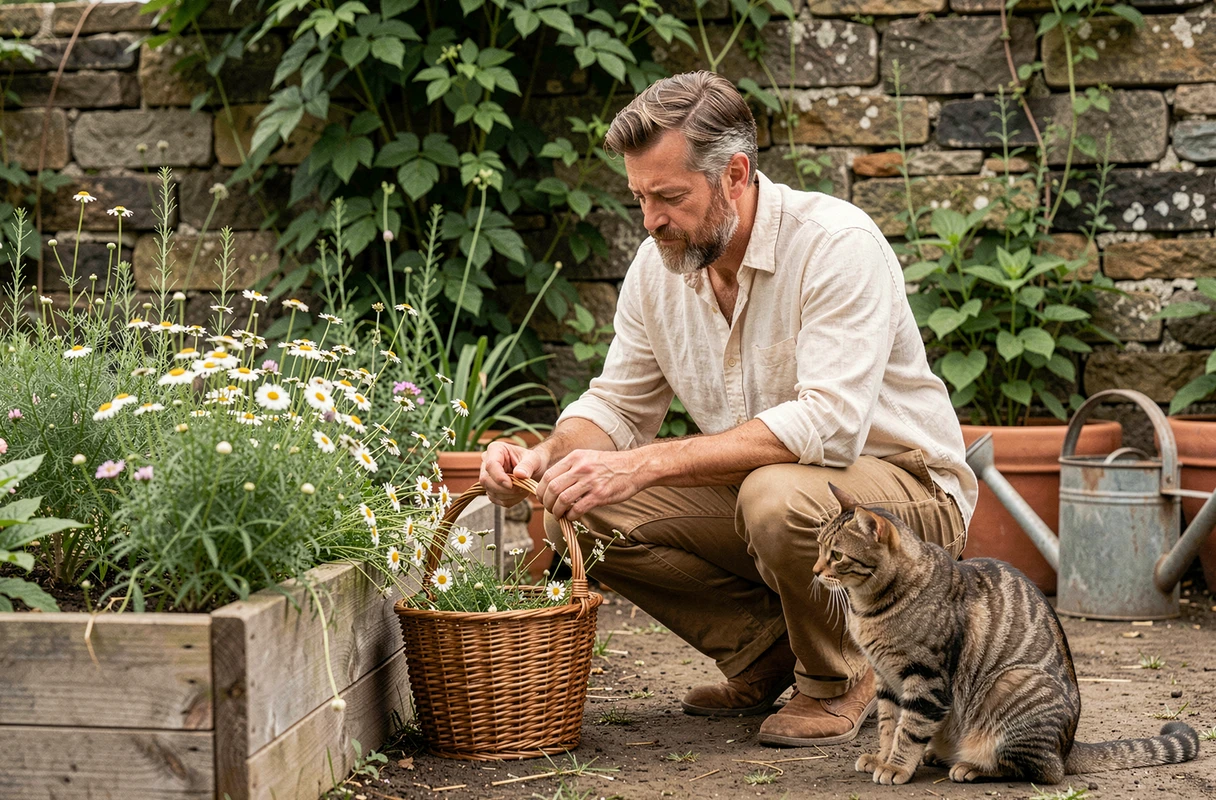 Homme récoltant des fleurs de camomille et calendula dans un jardin de plantes médicinales, avec un chat tabby curieux à ses côtés