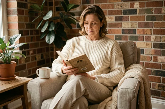 Femme se relaxant dans un fauteuil confortable avec un livre et une tasse de thé dans un salon chaleureux