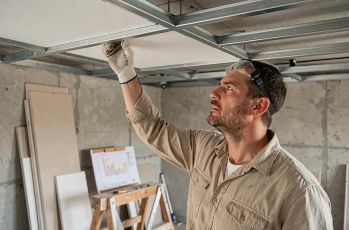 Ouvrier testant la résistance à l'arrachement d'un plafond en plaques de plâtre dans un chantier intérieur