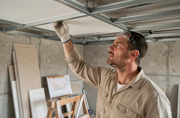 Ouvrier testant la résistance à l'arrachement d'un plafond en plaques de plâtre dans un chantier intérieur