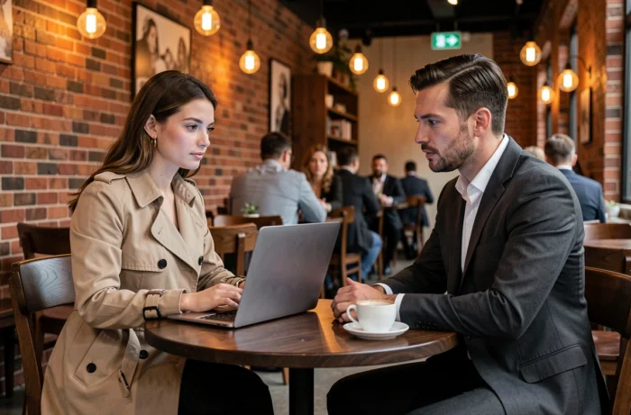 Deux entrepreneurs en réunion de conseil dans un café professionnel moderne pour accompagnement de projet