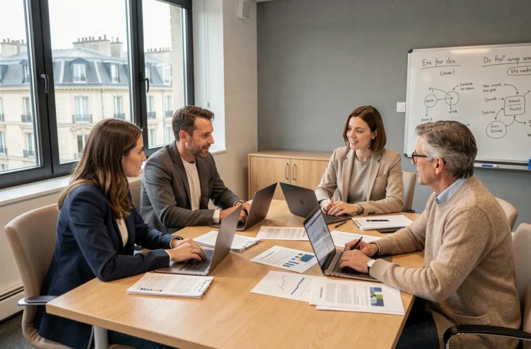 Réunion de travail d'équipe pédagogique autour d'une table dans un établissement académique de Dijon pour l'intégration du PIA 21