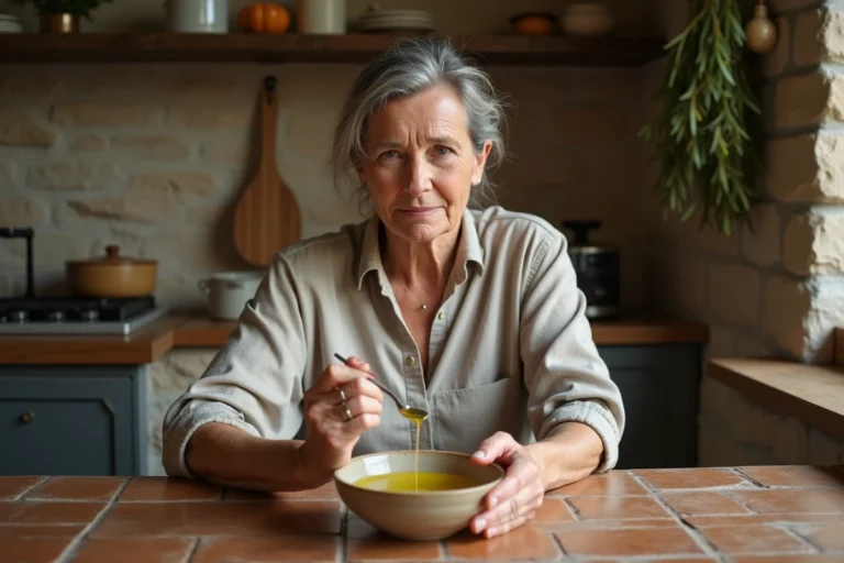 Femme méditerranéenne pratiquant le rituel de l'huile d'olive pour enlever le mauvais œil dans une cuisine rustique