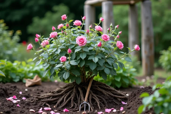 Rosier botanique avec ses fleurs simples roses et son système racinaire étalé mis en évidence dans le sol d'un massif naturel
