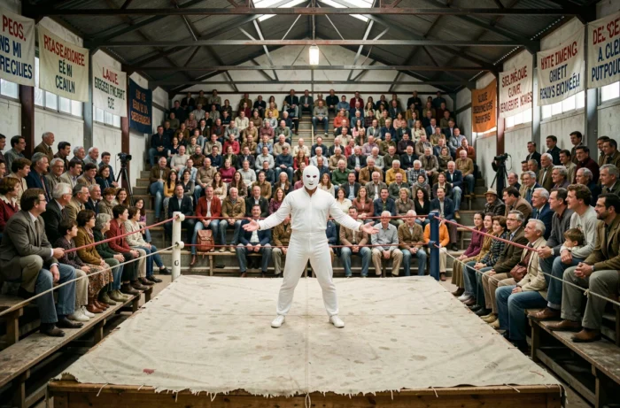 Vue grand angle d'un gymnase français transformé en salle de catch avec un lutteur masqué en blanc au centre du ring devant le public