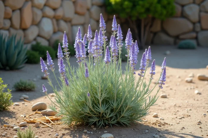 Sauge des steppes (Perovskia) avec ses épis de fleurs bleu-violet sur tiges argentées dans un jardin rocailleux et sec