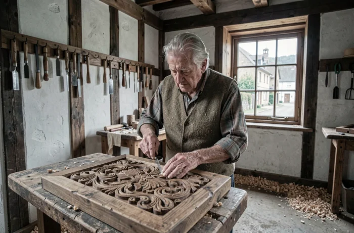 Vieux sculpteur sur bois travaillant dans un atelier artisanal traditionnel en milieu rural