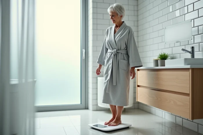 Femme senior debout sur une balance impédancemètre numérique dans une salle de bain moderne, regardant l'affichage avec attention