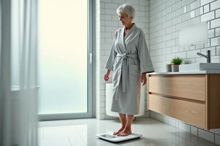 Femme senior debout sur une balance impédancemètre numérique dans une salle de bain moderne, regardant l'affichage avec attention