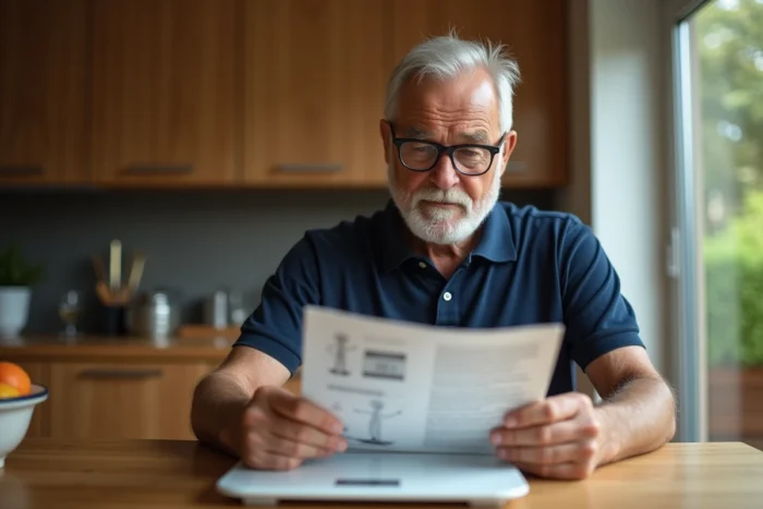 Homme senior lisant le manuel d'une balance impédancemètre posée sur une table de cuisine, évaluant sa fiabilité