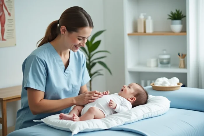 Spécialiste en puériculture effectuant un bilan de santé sur un bébé souriant de six mois dans un cabinet médical moderne