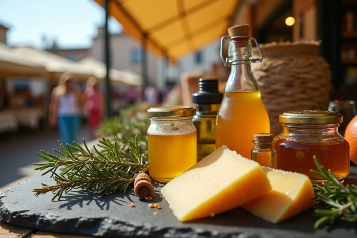 Gros plan sur des spécialités sardes au marché de Porto Torres incluant fromage, miel et huile d'olive locale