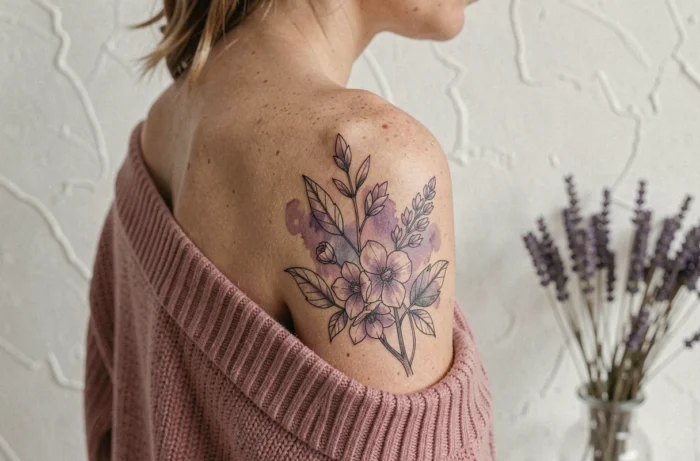 Gros plan d'un tatouage botanique lilas sur l'épaule d'une femme portant un pull col bateau rose poudré